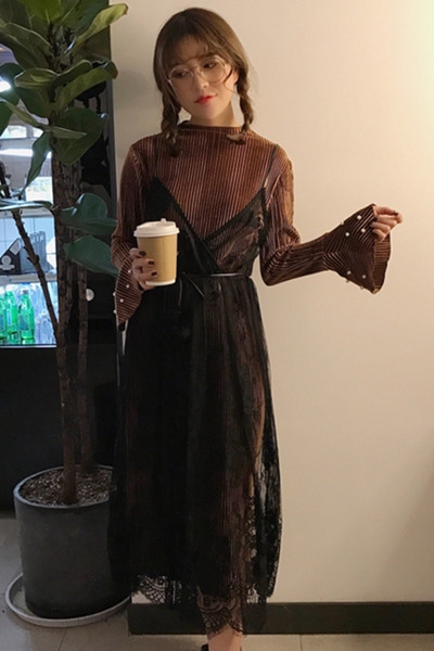 Κομψό κυρίες μακρύ φόρεμα από δαντέλα μακρύ μανίκι πράσινο, καφέ και μαύρο