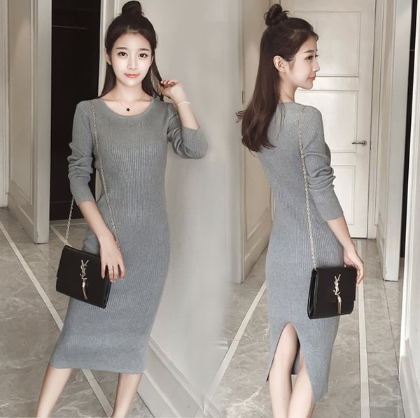 Κομψό κυρίες μακρύ φόρεμα με μακριά μανίκια σε μαύρο, μπορντό και γκρι