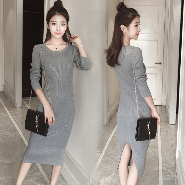 Κομψό κυρίες μακρύ φόρεμα με μακριά μανίκια σε μαύρο, μπορντό και γκρι