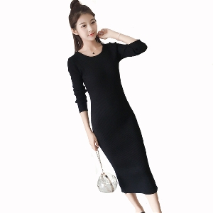 Стилна дълга дамска рокля с дълъг ръкав в черен, бордо и сив цвят