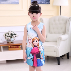 Детска лятна рокля синя и розова с анимационните герои от замръзналото кралство ЕЛЗА и АННА