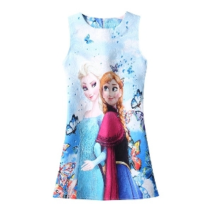 Детска лятна рокля синя и розова с анимационните герои от замръзналото кралство ЕЛЗА и АННА