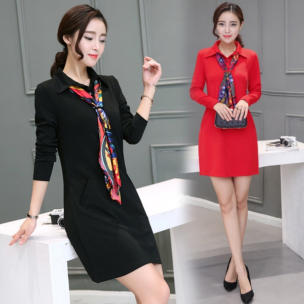 Κυρίες φορέματα άνοιξη και το φθινόπωρο, κόκκινο, κόκκινο κρασί, μαύρο, μπλε μήκος μακρύ μανίκι πάνω από το γόνατο