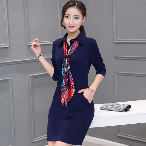 Κυρίες φορέματα άνοιξη και το φθινόπωρο, κόκκινο, κόκκινο κρασί, μαύρο, μπλε μήκος μακρύ μανίκι πάνω από το γόνατο