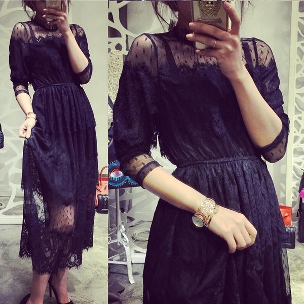 Κομψό κυρίες μακρύ φόρεμα από δαντέλα σε μαύρο και άσπρο με 3/4 μανίκια