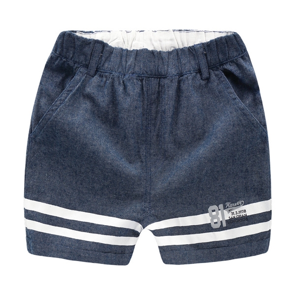 Детски памучни шорти за момчета с висока талия и джобове в син и тъмносин цвят