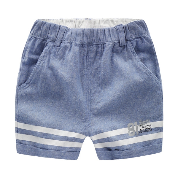 Детски памучни шорти за момчета с висока талия и джобове в син и тъмносин цвят
