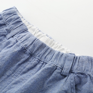Детски памучни шорти за момчета с висока талия и джобове в син и тъмносин цвят