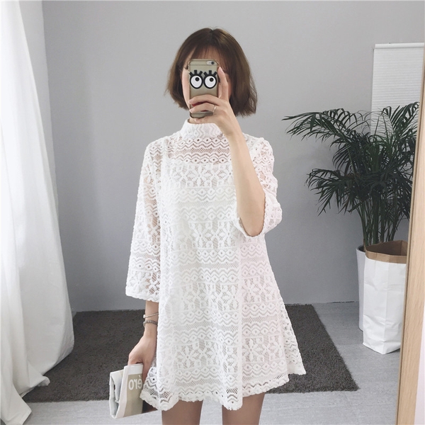 Ευρεία κυρίες δαντέλα φόρεμα με 3/4 μανίκια σε γκρι, μαύρο και άσπρο