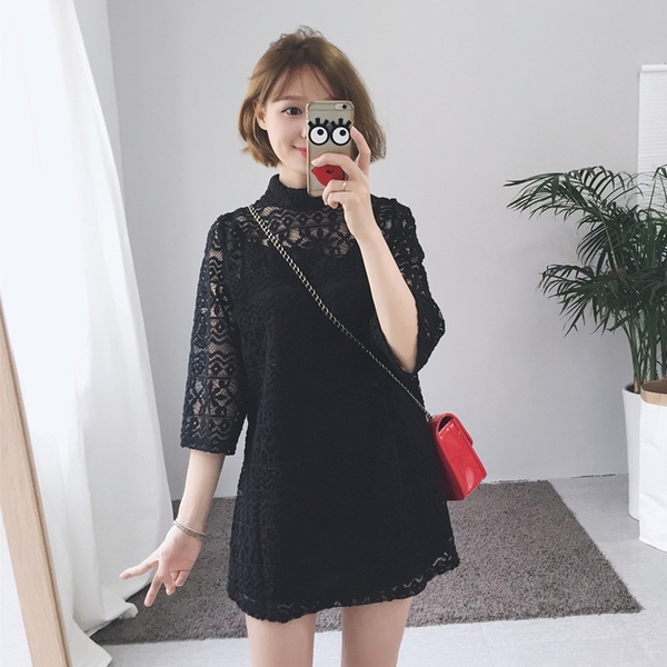 Ευρεία κυρίες δαντέλα φόρεμα με 3/4 μανίκια σε γκρι, μαύρο και άσπρο