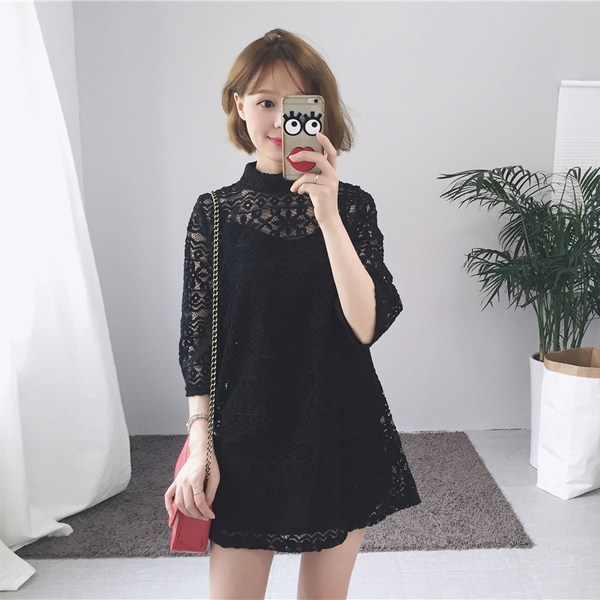 Ευρεία κυρίες δαντέλα φόρεμα με 3/4 μανίκια σε γκρι, μαύρο και άσπρο