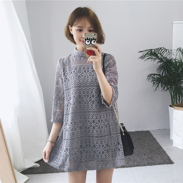 Ευρεία κυρίες δαντέλα φόρεμα με 3/4 μανίκια σε γκρι, μαύρο και άσπρο