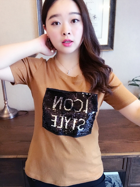 Κυρίες μπλούζα με παγιέτες και κοντά μανίκια άνοιξη και το μέγεθος του καλοκαιριού maxi