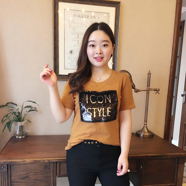 Κυρίες μπλούζα με παγιέτες και κοντά μανίκια άνοιξη και το μέγεθος του καλοκαιριού maxi