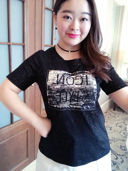 Κυρίες μπλούζα με παγιέτες και κοντά μανίκια άνοιξη και το μέγεθος του καλοκαιριού maxi