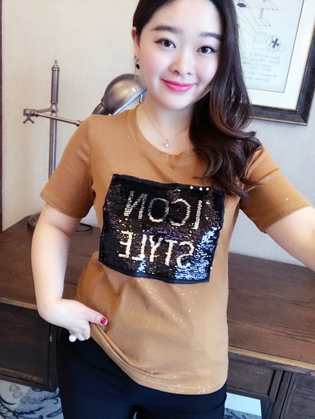 Κυρίες μπλούζα με παγιέτες και κοντά μανίκια άνοιξη και το μέγεθος του καλοκαιριού maxi