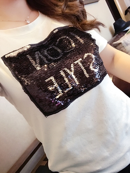 Κυρίες μπλούζα με παγιέτες και κοντά μανίκια άνοιξη και το μέγεθος του καλοκαιριού maxi