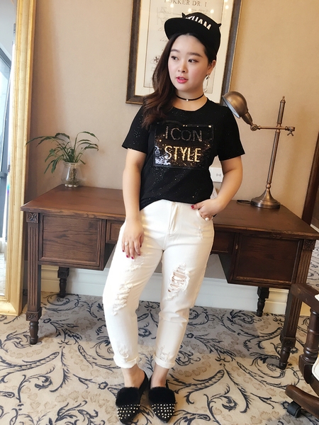 Κυρίες μπλούζα με παγιέτες και κοντά μανίκια άνοιξη και το μέγεθος του καλοκαιριού maxi