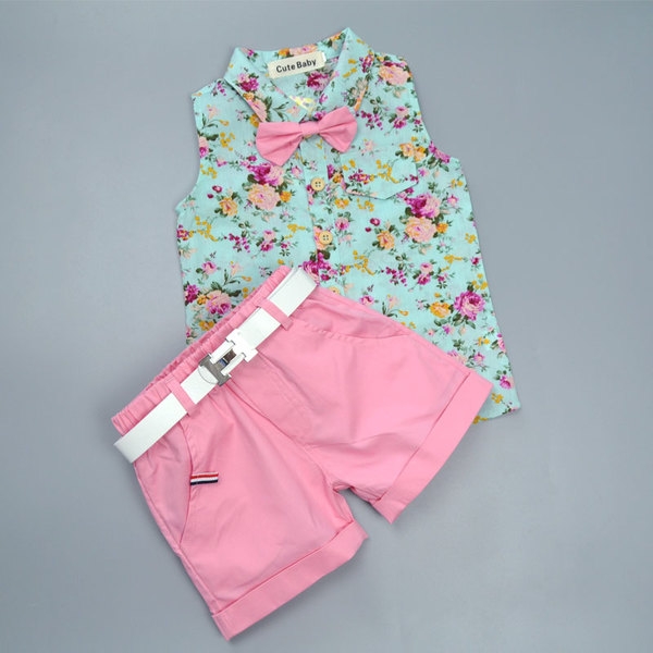 Детски летен комплект за момичета потник на цветя и розови къси панатлони