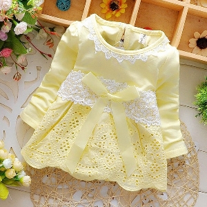 Памучна бебшка рокля с дълъг ръкав с дантела: Бяла, Розова, Жълта, Синя