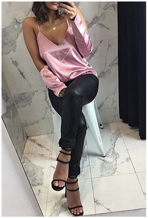 Οι γυναίκες σέξι δεξαμενή κορυφή σατέν με λεπτές τιράντες και μανσέτες