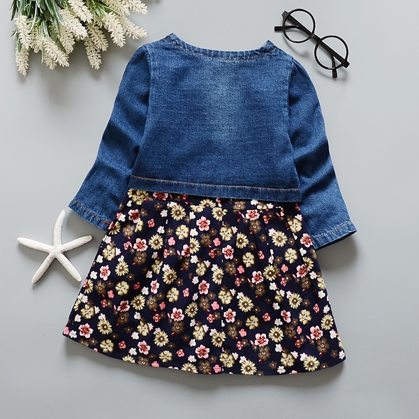 Παιδικό σετ για την άνοιξη και το φθινόπωρο  για τα κορίτσια με φόρεμα floral μοτίβο και μπουφάν τζιν - 2 σχέδια