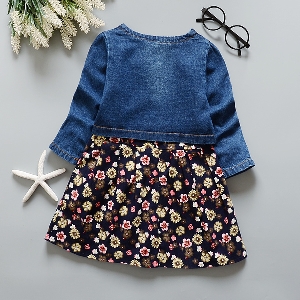 Детски пролетен и есенен комплект за момичета от рокля с флорални мотиви и дънково яке - 2 модела