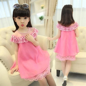 Детска свежа рокля за момичета с дантела в светлосин, розов и цикламен цвят