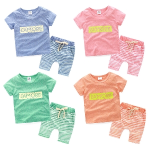 Детски комплект за момчета и момичета - блуза къс ръкав и панталони в зелен, син, сив, розов и оранжев цвят