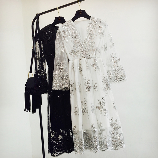 Κυρίες σιφόν φόρεμα με δαντέλα: Χρυσό, Ασημί, Μαύρο