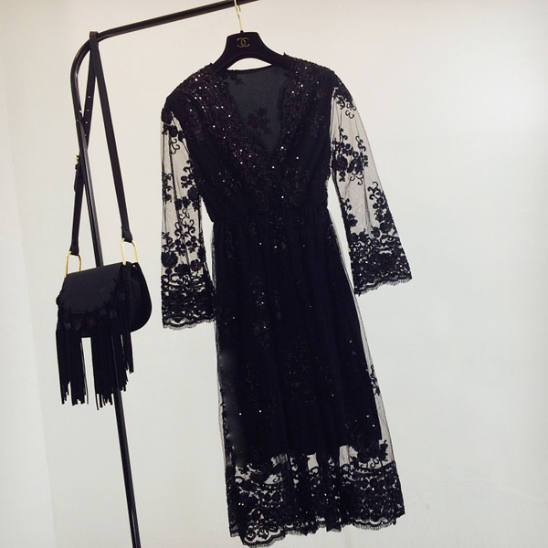 Κυρίες σιφόν φόρεμα με δαντέλα: Χρυσό, Ασημί, Μαύρο