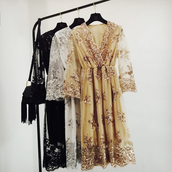 Κυρίες σιφόν φόρεμα με δαντέλα: Χρυσό, Ασημί, Μαύρο