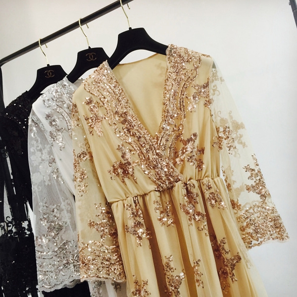 Κυρίες σιφόν φόρεμα με δαντέλα: Χρυσό, Ασημί, Μαύρο