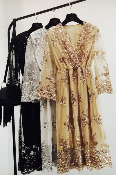 Κυρίες σιφόν φόρεμα με δαντέλα: Χρυσό, Ασημί, Μαύρο