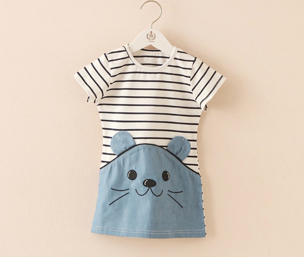 Детска раирана рокля с изображение на мишка за момичета