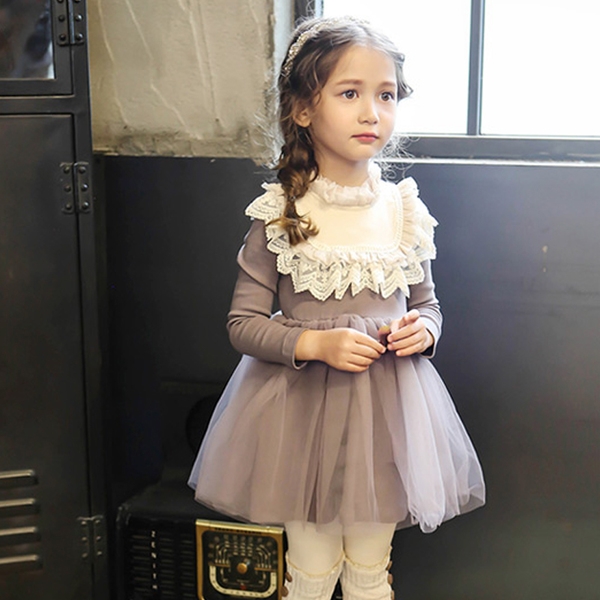 Φόρεμα  για τα κορίτσια με μακριά μανίκια σε γκρι και ροζ