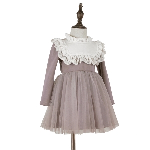 Стилна детска рокля за момичета с дълъг ръкав в сив и розов цвят
