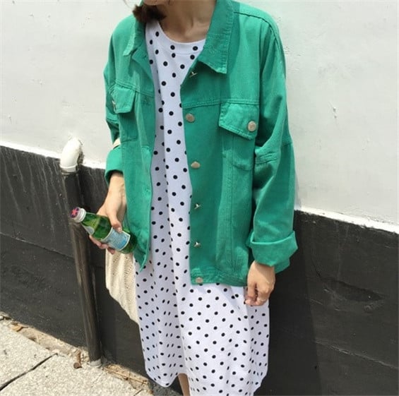 τζιν μπουφάν της Νέας των γυναικών σε διάφορα χρώματα - κίτρινο, καφέ, πράσινο και κόκκινο