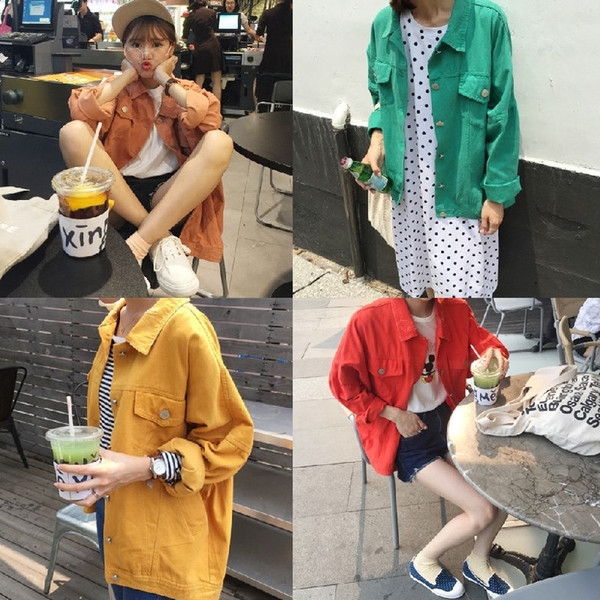 τζιν μπουφάν της Νέας των γυναικών σε διάφορα χρώματα - κίτρινο, καφέ, πράσινο και κόκκινο