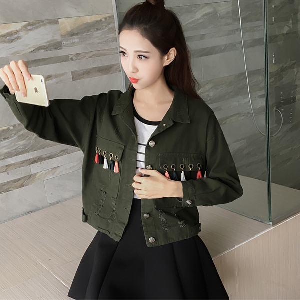 Κομψό κυρίες τζιν μπουφάν σε πράσινο, μαύρο και σκούρο πράσινο χρώμα με κουμπιά