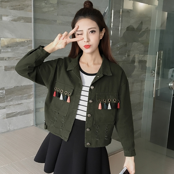 Κομψό κυρίες τζιν μπουφάν σε πράσινο, μαύρο και σκούρο πράσινο χρώμα με κουμπιά