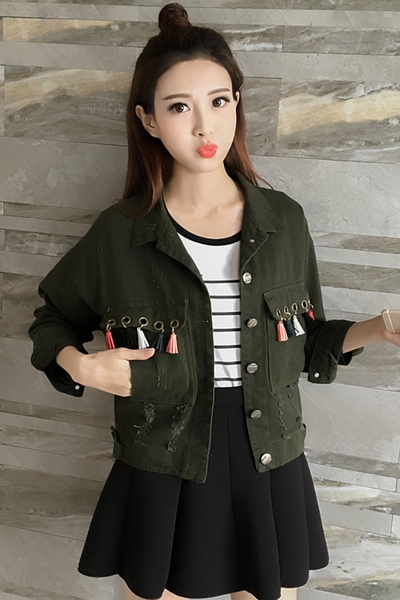 Κομψό κυρίες τζιν μπουφάν σε πράσινο, μαύρο και σκούρο πράσινο χρώμα με κουμπιά