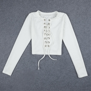 Дамска памучна къса блуза с дълъг ръкав с връзки: Бяла и Черна