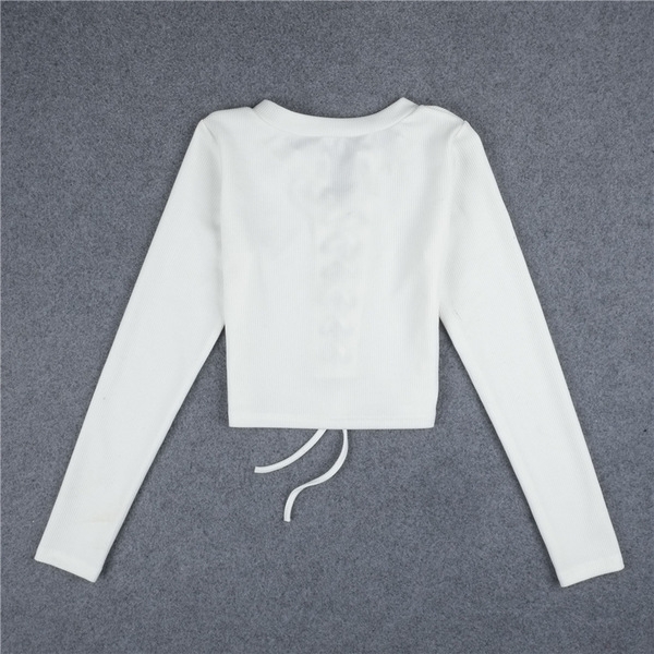 Дамска памучна къса блуза с дълъг ръкав с връзки: Бяла и Черна