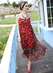 Дамска актуална лятна плажна бохемска удобна шифонена рокля с флорални мотиви червена и зелена