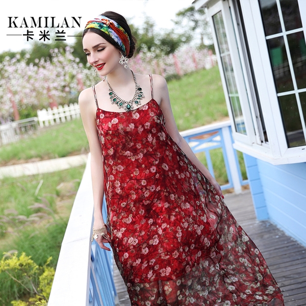 Дамска актуална лятна плажна бохемска удобна шифонена рокля с флорални мотиви червена и зелена