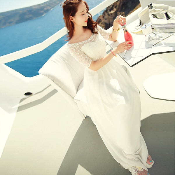 Дамска бяла шифонена дълга лятна бохемска официална рокля