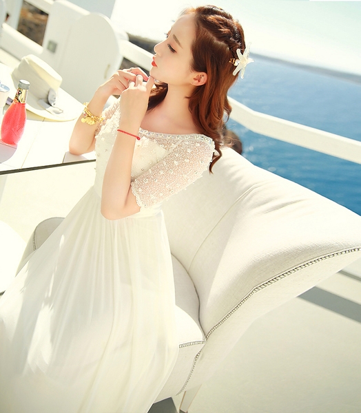 Дамска бяла шифонена дълга лятна бохемска официална рокля