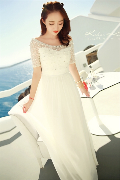 Дамска бяла шифонена дълга лятна бохемска официална рокля