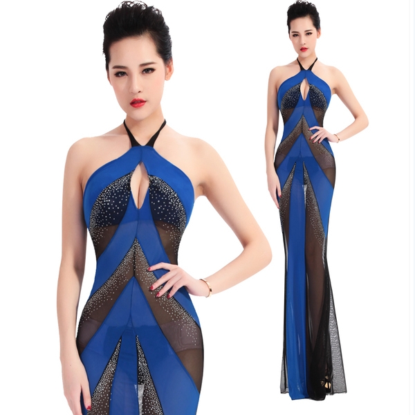 Дамска вечерна топ дълга рокля с комбинация от черен и син цвят 